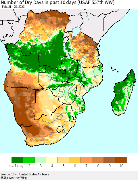 Southern Africa Number of Dry Days in past 10 days (USAF 557th WW) Thematic Map For 2/21/2023 - 2/25/2023