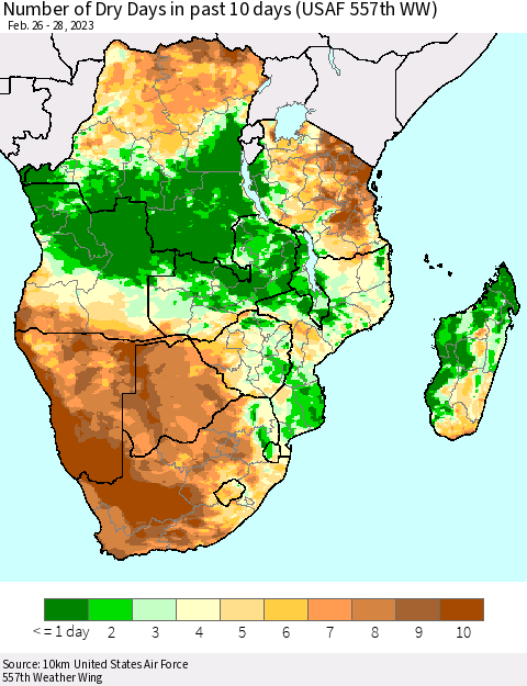 Southern Africa Number of Dry Days in past 10 days (USAF 557th WW) Thematic Map For 2/26/2023 - 2/28/2023