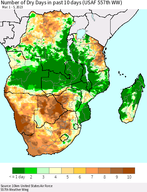 Southern Africa Number of Dry Days in past 10 days (USAF 557th WW) Thematic Map For 3/1/2023 - 3/5/2023