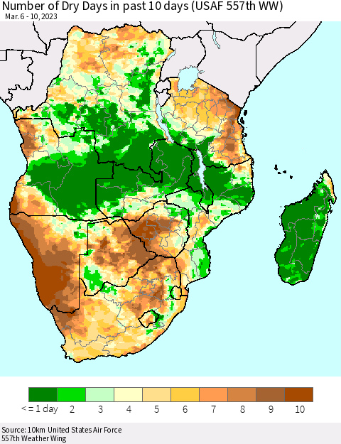Southern Africa Number of Dry Days in past 10 days (USAF 557th WW) Thematic Map For 3/6/2023 - 3/10/2023