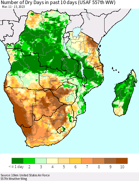 Southern Africa Number of Dry Days in past 10 days (USAF 557th WW) Thematic Map For 3/11/2023 - 3/15/2023