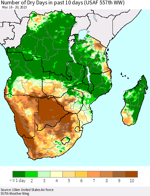Southern Africa Number of Dry Days in past 10 days (USAF 557th WW) Thematic Map For 3/16/2023 - 3/20/2023