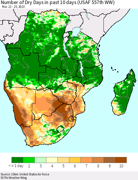 Southern Africa Number of Dry Days in past 10 days (USAF 557th WW) Thematic Map For 3/21/2023 - 3/25/2023
