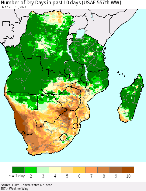 Southern Africa Number of Dry Days in past 10 days (USAF 557th WW) Thematic Map For 3/26/2023 - 3/31/2023