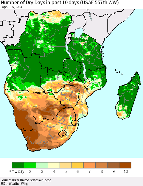 Southern Africa Number of Dry Days in past 10 days (USAF 557th WW) Thematic Map For 4/1/2023 - 4/5/2023