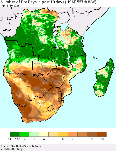 Southern Africa Number of Dry Days in past 10 days (USAF 557th WW) Thematic Map For 4/6/2023 - 4/10/2023