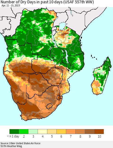 Southern Africa Number of Dry Days in past 10 days (USAF 557th WW) Thematic Map For 4/11/2023 - 4/15/2023