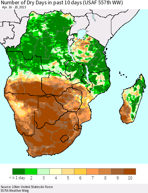 Southern Africa Number of Dry Days in past 10 days (USAF 557th WW) Thematic Map For 4/16/2023 - 4/20/2023