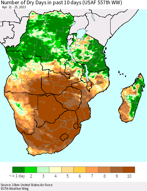 Southern Africa Number of Dry Days in past 10 days (USAF 557th WW) Thematic Map For 4/21/2023 - 4/25/2023