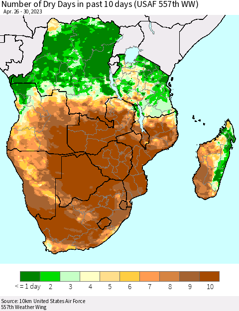 Southern Africa Number of Dry Days in past 10 days (USAF 557th WW) Thematic Map For 4/26/2023 - 4/30/2023