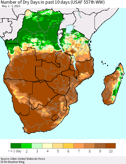 Southern Africa Number of Dry Days in past 10 days (USAF 557th WW) Thematic Map For 5/1/2023 - 5/5/2023