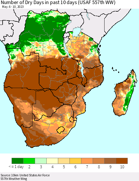 Southern Africa Number of Dry Days in past 10 days (USAF 557th WW) Thematic Map For 5/6/2023 - 5/10/2023