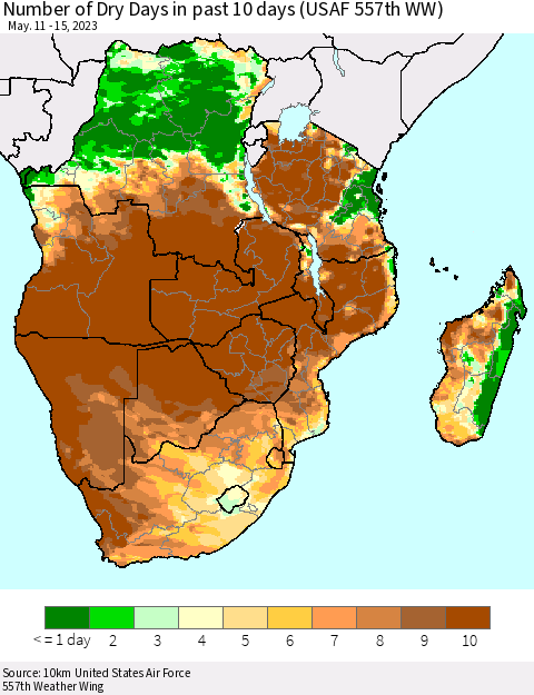 Southern Africa Number of Dry Days in past 10 days (USAF 557th WW) Thematic Map For 5/11/2023 - 5/15/2023