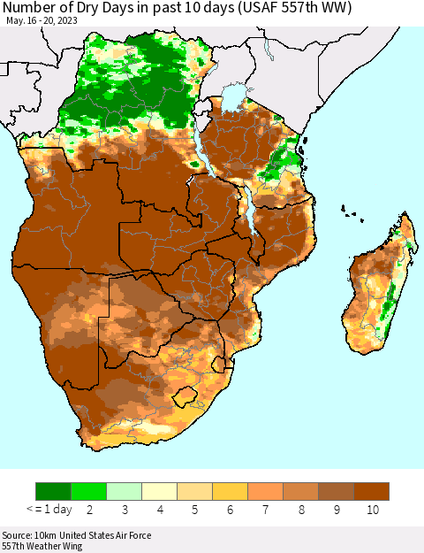 Southern Africa Number of Dry Days in past 10 days (USAF 557th WW) Thematic Map For 5/16/2023 - 5/20/2023