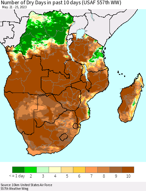 Southern Africa Number of Dry Days in past 10 days (USAF 557th WW) Thematic Map For 5/21/2023 - 5/25/2023