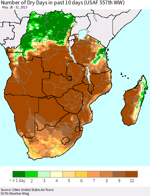 Southern Africa Number of Dry Days in past 10 days (USAF 557th WW) Thematic Map For 5/26/2023 - 5/31/2023