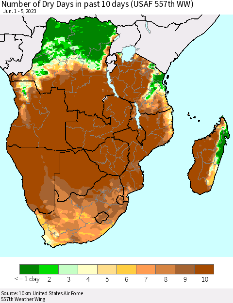 Southern Africa Number of Dry Days in past 10 days (USAF 557th WW) Thematic Map For 6/1/2023 - 6/5/2023