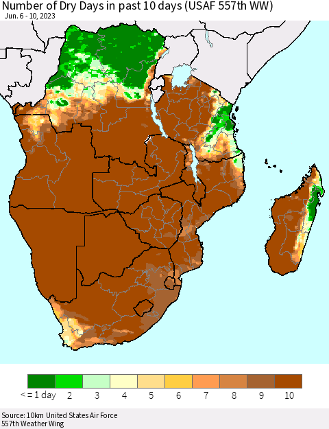 Southern Africa Number of Dry Days in past 10 days (USAF 557th WW) Thematic Map For 6/6/2023 - 6/10/2023