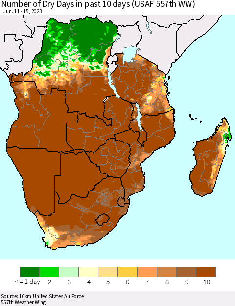 Southern Africa Number of Dry Days in past 10 days (USAF 557th WW) Thematic Map For 6/11/2023 - 6/15/2023