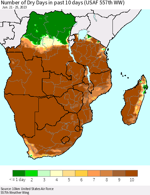 Southern Africa Number of Dry Days in past 10 days (USAF 557th WW) Thematic Map For 6/21/2023 - 6/25/2023