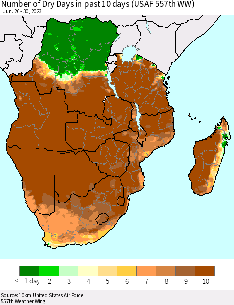 Southern Africa Number of Dry Days in past 10 days (USAF 557th WW) Thematic Map For 6/26/2023 - 6/30/2023