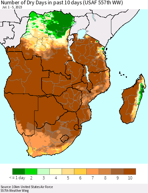 Southern Africa Number of Dry Days in past 10 days (USAF 557th WW) Thematic Map For 7/1/2023 - 7/5/2023