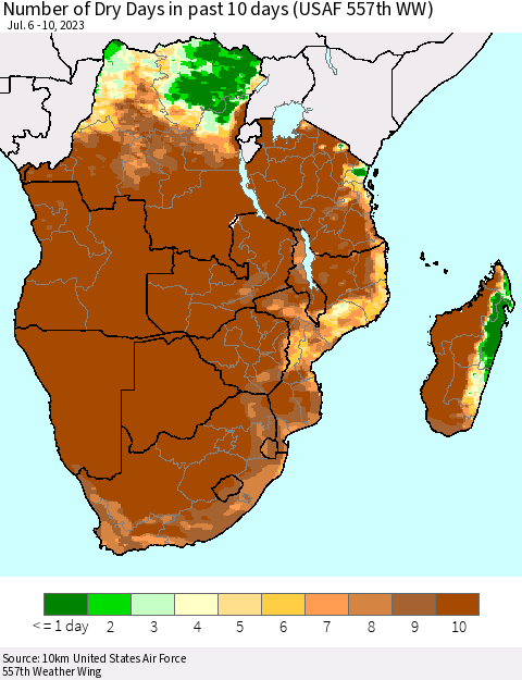 Southern Africa Number of Dry Days in past 10 days (USAF 557th WW) Thematic Map For 7/6/2023 - 7/10/2023