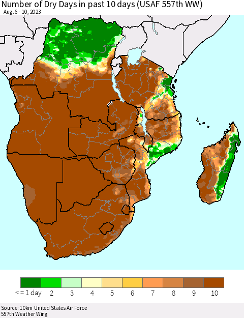 Southern Africa Number of Dry Days in past 10 days (USAF 557th WW) Thematic Map For 8/6/2023 - 8/10/2023