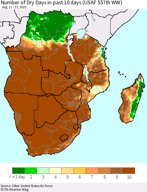 Southern Africa Number of Dry Days in past 10 days (USAF 557th WW) Thematic Map For 8/11/2023 - 8/15/2023