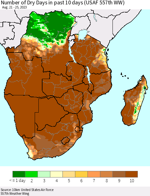 Southern Africa Number of Dry Days in past 10 days (USAF 557th WW) Thematic Map For 8/21/2023 - 8/25/2023