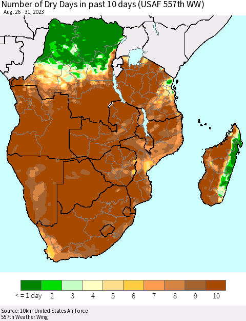 Southern Africa Number of Dry Days in past 10 days (USAF 557th WW) Thematic Map For 8/26/2023 - 8/31/2023