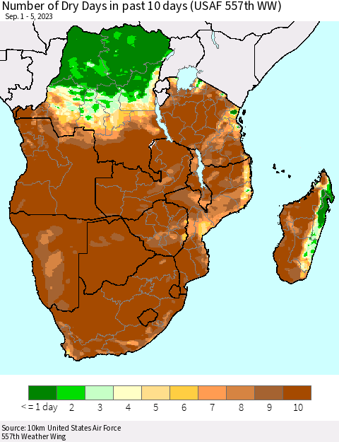 Southern Africa Number of Dry Days in past 10 days (USAF 557th WW) Thematic Map For 9/1/2023 - 9/5/2023