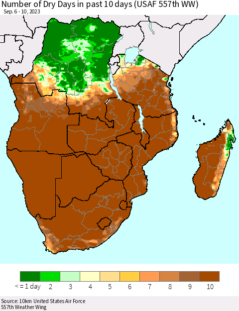 Southern Africa Number of Dry Days in past 10 days (USAF 557th WW) Thematic Map For 9/6/2023 - 9/10/2023