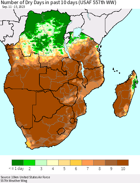 Southern Africa Number of Dry Days in past 10 days (USAF 557th WW) Thematic Map For 9/11/2023 - 9/15/2023