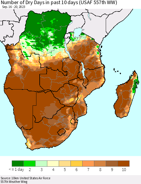 Southern Africa Number of Dry Days in past 10 days (USAF 557th WW) Thematic Map For 9/16/2023 - 9/20/2023