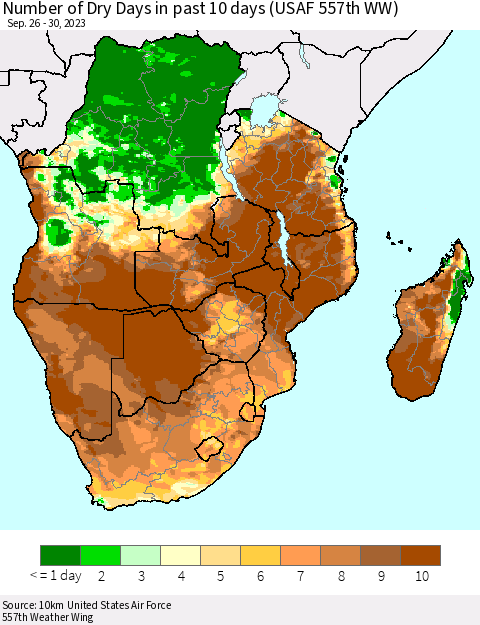 Southern Africa Number of Dry Days in past 10 days (USAF 557th WW) Thematic Map For 9/26/2023 - 9/30/2023