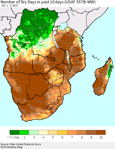 Southern Africa Number of Dry Days in past 10 days (USAF 557th WW) Thematic Map For 10/1/2023 - 10/5/2023