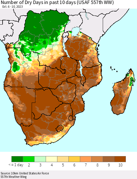 Southern Africa Number of Dry Days in past 10 days (USAF 557th WW) Thematic Map For 10/6/2023 - 10/10/2023