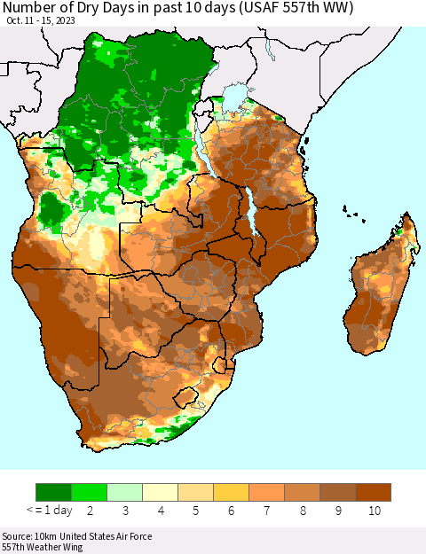 Southern Africa Number of Dry Days in past 10 days (USAF 557th WW) Thematic Map For 10/11/2023 - 10/15/2023