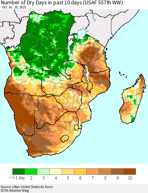 Southern Africa Number of Dry Days in past 10 days (USAF 557th WW) Thematic Map For 10/16/2023 - 10/20/2023