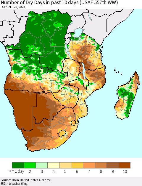 Southern Africa Number of Dry Days in past 10 days (USAF 557th WW) Thematic Map For 10/21/2023 - 10/25/2023