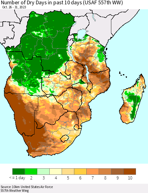 Southern Africa Number of Dry Days in past 10 days (USAF 557th WW) Thematic Map For 10/26/2023 - 10/31/2023