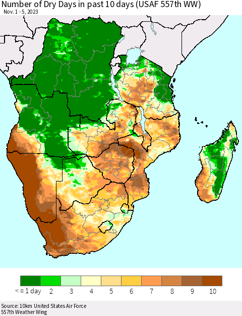 Southern Africa Number of Dry Days in past 10 days (USAF 557th WW) Thematic Map For 11/1/2023 - 11/5/2023