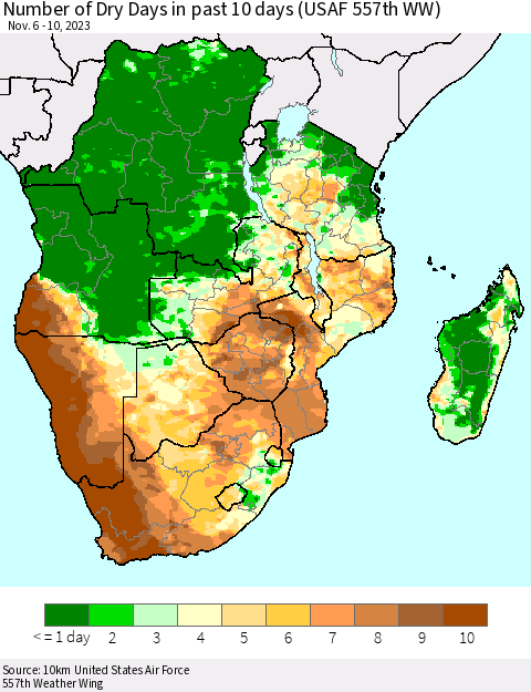 Southern Africa Number of Dry Days in past 10 days (USAF 557th WW) Thematic Map For 11/6/2023 - 11/10/2023