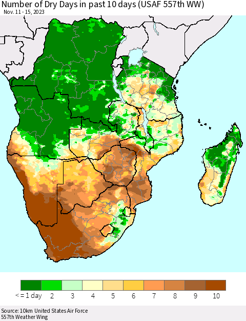 Southern Africa Number of Dry Days in past 10 days (USAF 557th WW) Thematic Map For 11/11/2023 - 11/15/2023