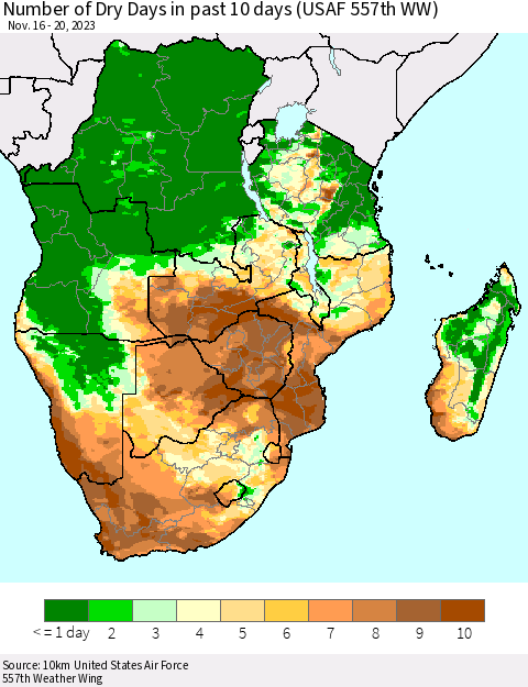 Southern Africa Number of Dry Days in past 10 days (USAF 557th WW) Thematic Map For 11/16/2023 - 11/20/2023
