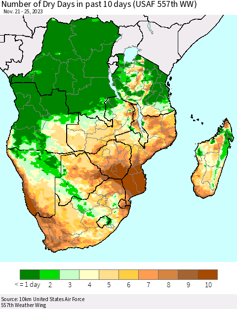 Southern Africa Number of Dry Days in past 10 days (USAF 557th WW) Thematic Map For 11/21/2023 - 11/25/2023