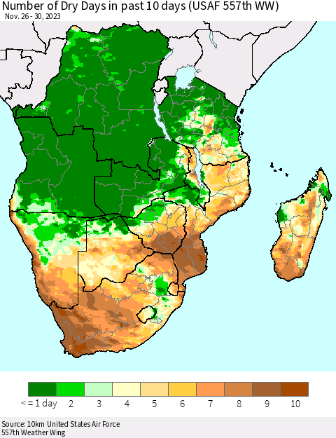 Southern Africa Number of Dry Days in past 10 days (USAF 557th WW) Thematic Map For 11/26/2023 - 11/30/2023