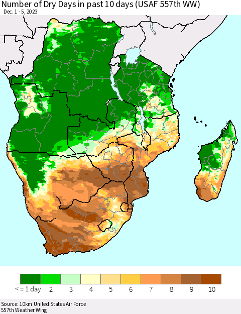 Southern Africa Number of Dry Days in past 10 days (USAF 557th WW) Thematic Map For 12/1/2023 - 12/5/2023