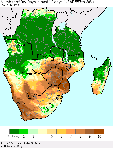 Southern Africa Number of Dry Days in past 10 days (USAF 557th WW) Thematic Map For 12/6/2023 - 12/10/2023